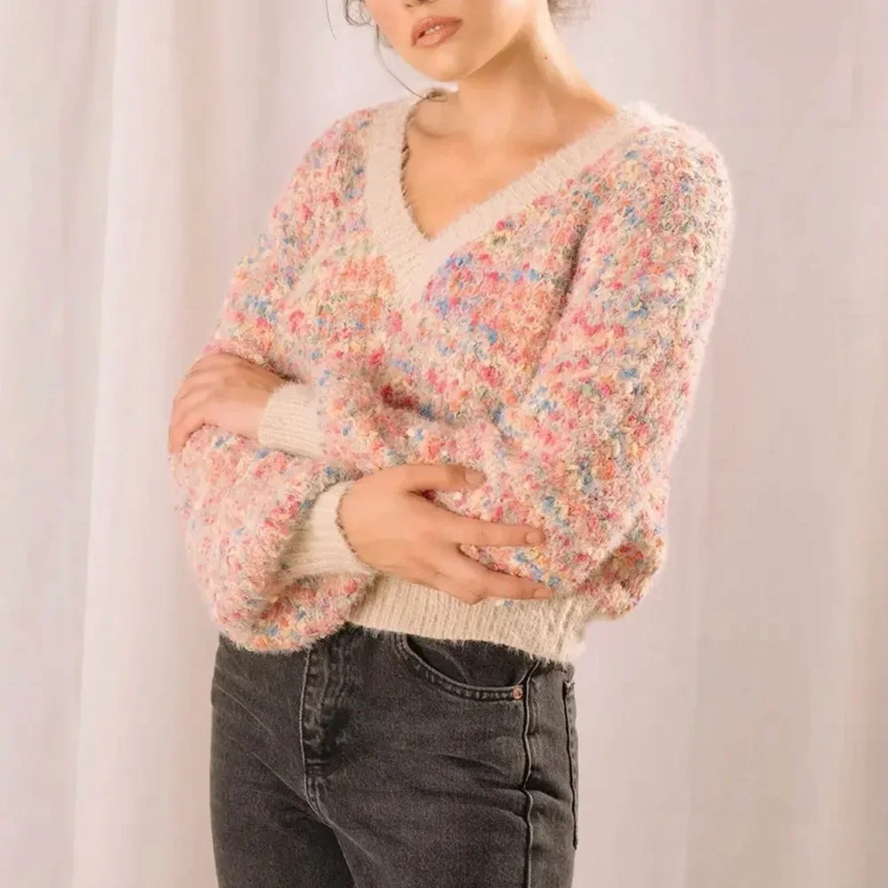 NEW confetti rainbow beige cozy sweater - Picture 1 of 8